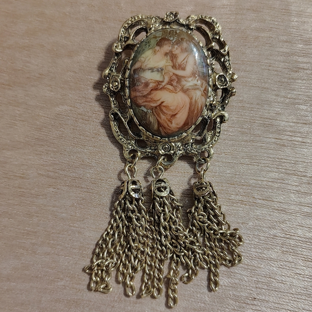 Vintage Cameo Porcelain Brooch/pendant Painting Neoclassical Woman Tassel
